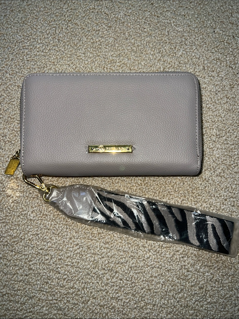 Neutral Taupe Zip Wallet Wristlet with Gold Hardware